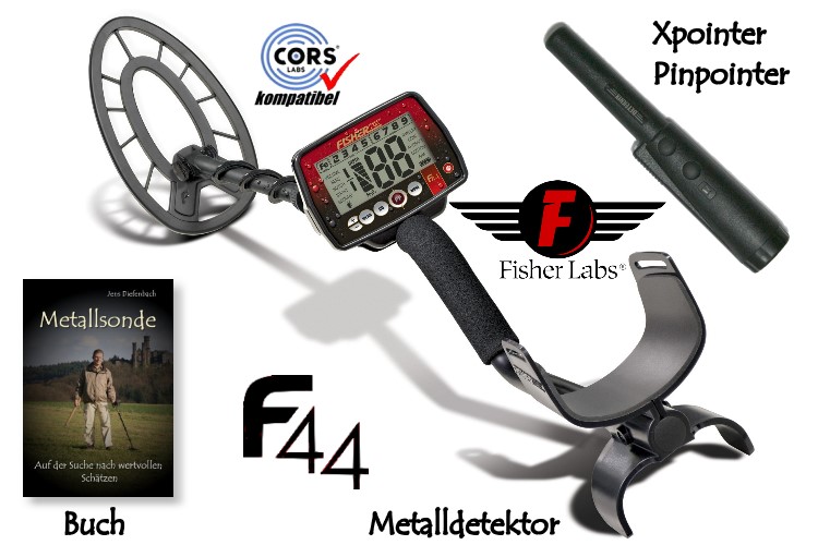 Fisher F44 Premiumpaket (Metalldetektor & Quest Xpointer orange & Schatzsucherhandbuch)